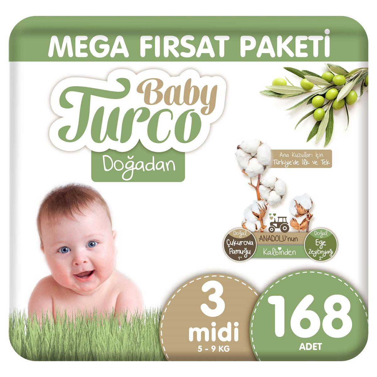 Baby Turco Doğadan Mega Fırsat Paketi Bebek Bezi 3 Numara Midi 168 Adet