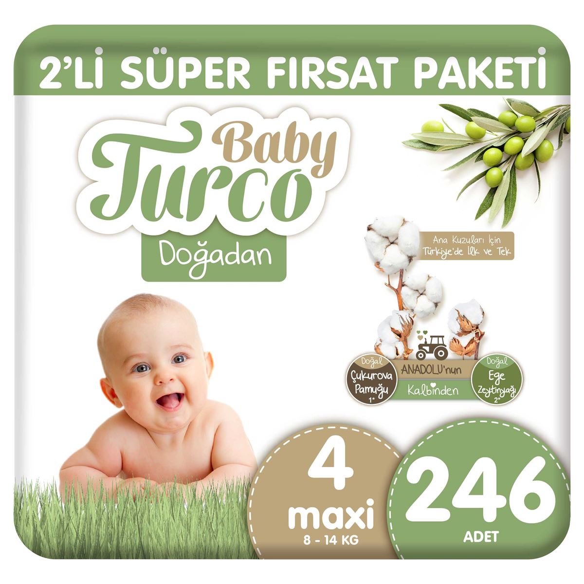 Baby Turco Doğadan 2'li Süper Fırsat Paketi Bebek Bezi 4 Numara Maxi 246 Adet