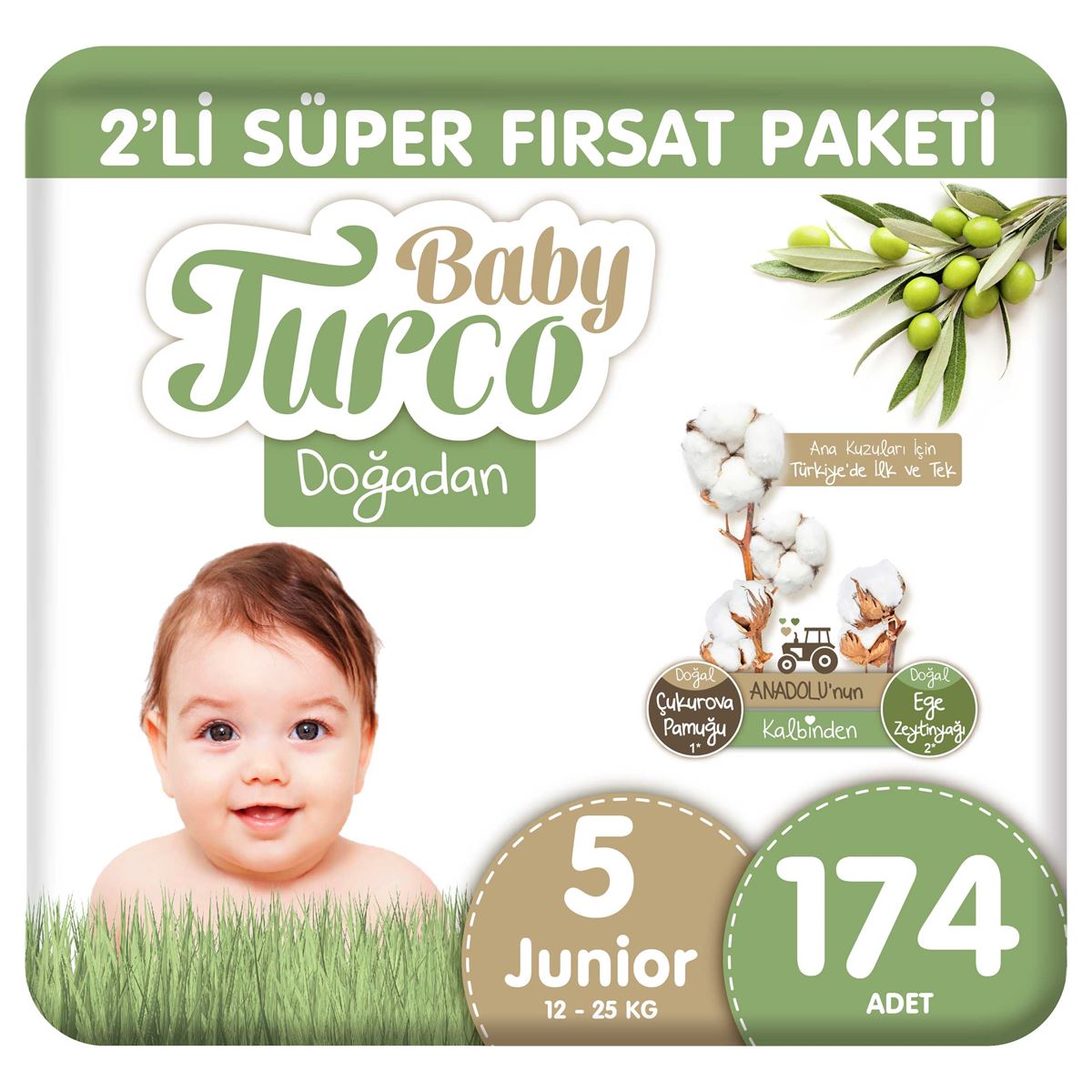 Baby Turco Doğadan 2'li Süper Fırsat Paketi Bebek Bezi 5 Numara Junior 174 Adet