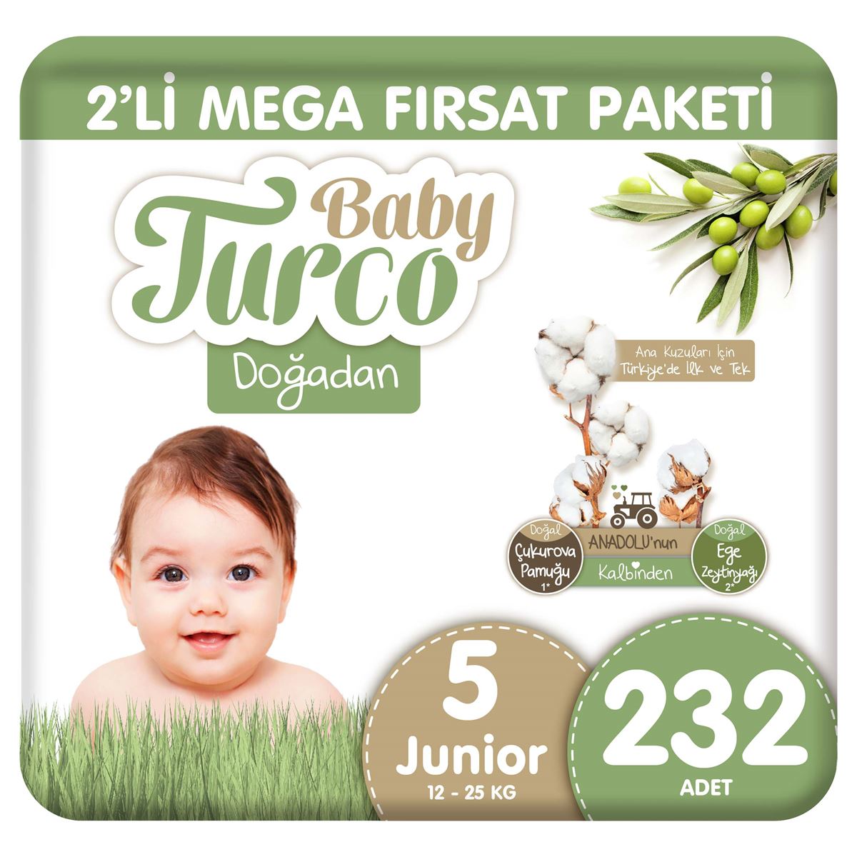 Baby Turco Doğadan 2'li Mega Fırsat Paketi Bebek Bezi 5 Numara Junior 232 Adet