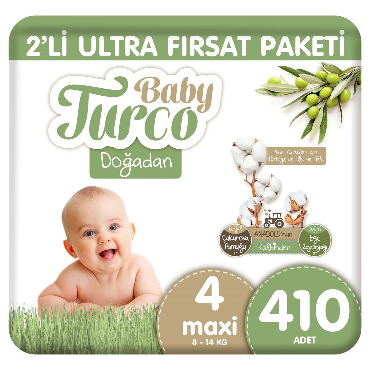 Baby Turco Doğadan 2'li Ultra Fırsat Paketi Bebek Bezi 4 Numara Maxi 410 Adet