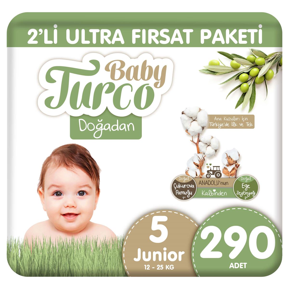 Baby Turco Doğadan 2'li Ultra Fırsat Paketi Bebek Bezi 5 Numara Junior 290 Adet