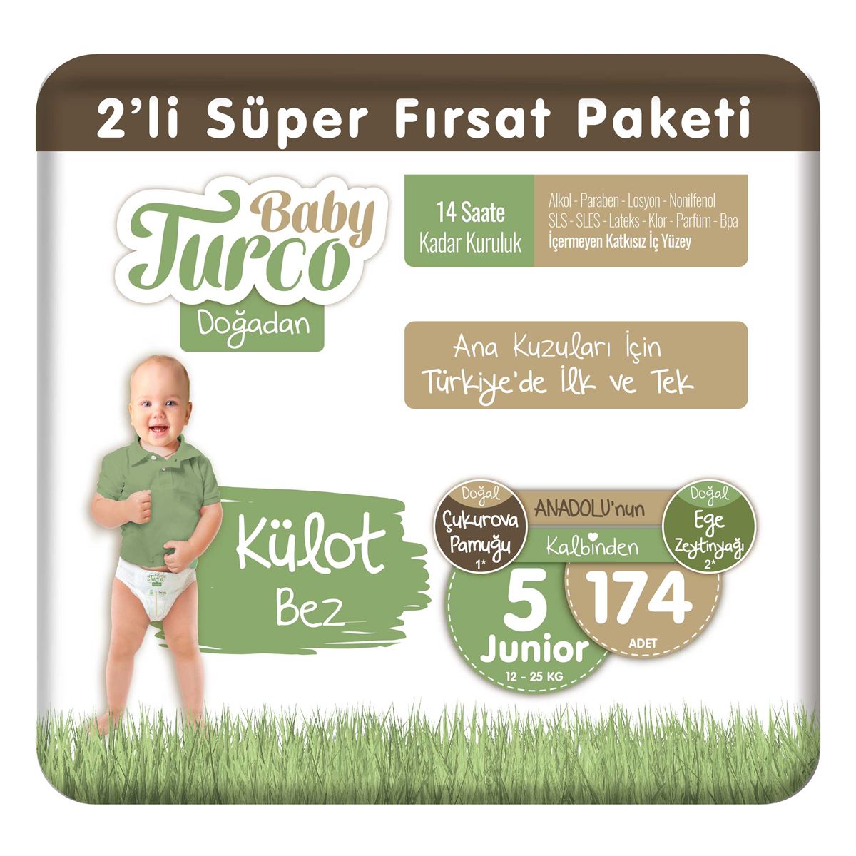 Baby Turco Doğadan 2'li Süper Fırsat Paketi Külot Bez 5 Numara Junior 174 Adet