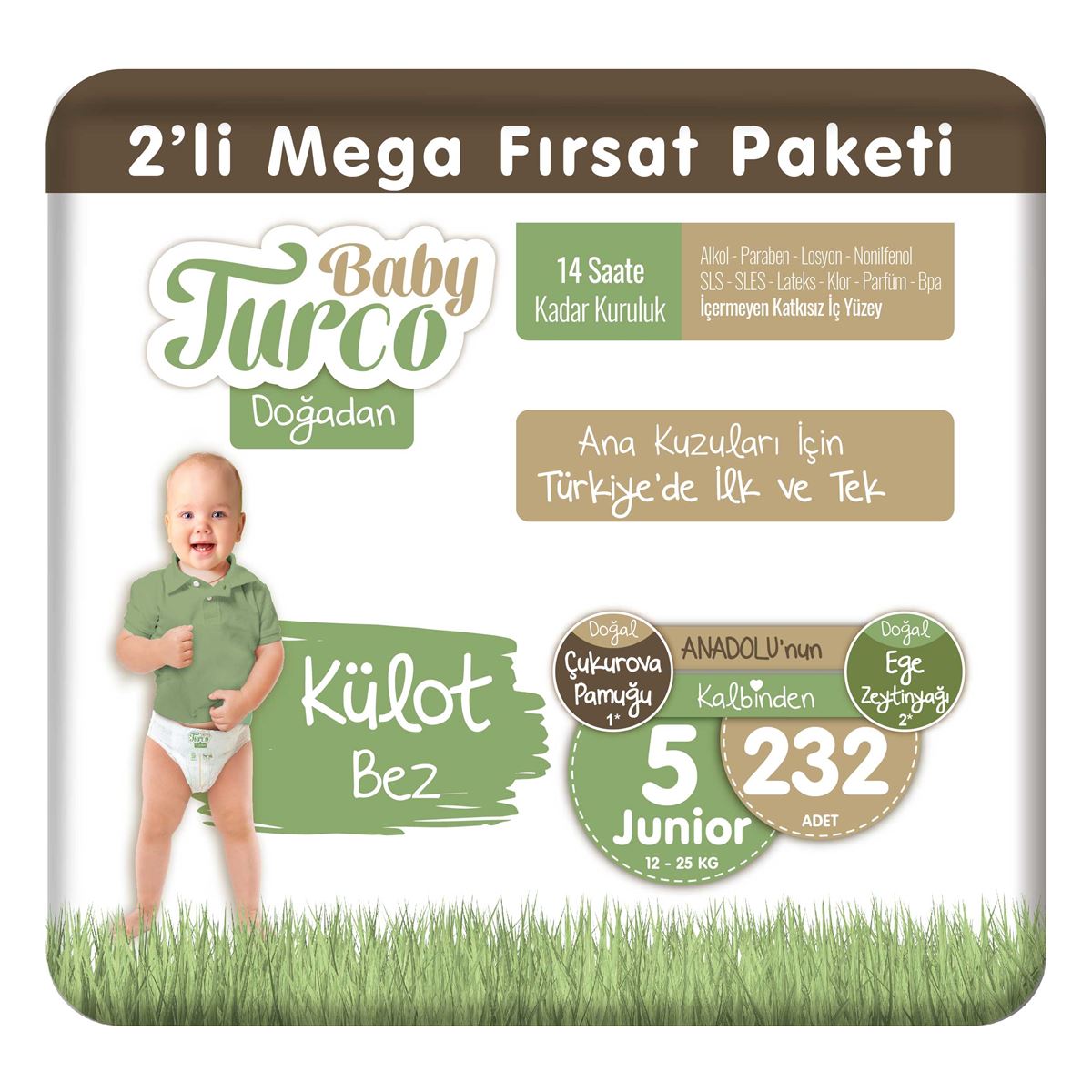 Baby Turco Doğadan 2'li Mega Fırsat Paketi Külot Bez 5 Numara Junior 232 Adet
