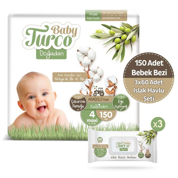 Baby Turco Doğadan 4 Numara Maxi 150 Adet + 3x60 Doğadan Islak Havlu Seti