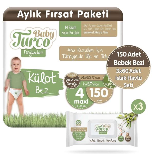 Baby Turco Doğadan Külot Bez 4 Numara Maxi 150 Adet + 3x60 Doğadan Islak Havlu Seti
