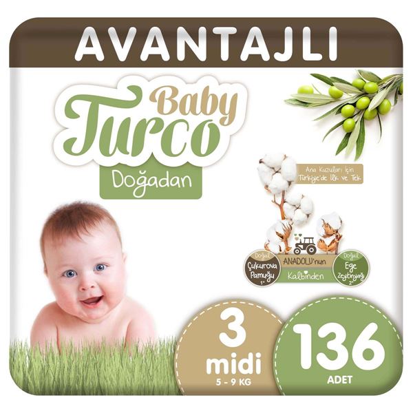 Baby Turco Doğadan Avantajlı Bebek Bezi 3 Numara Midi 136 Adet