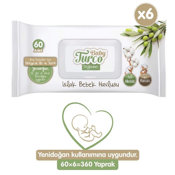 Baby Turco Doğadan Yenidoğan Islak Bebek Havlusu 6X60 Yaprak