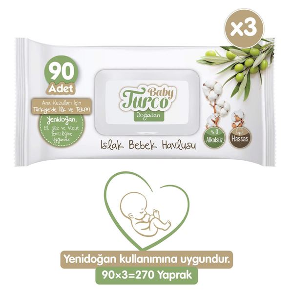 Baby Turco Doğadan Yenidoğan Islak Bebek Havlusu 3X90 Yaprak