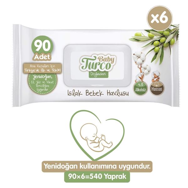Baby Turco Doğadan Yenidoğan Islak Bebek Havlusu 6X90 Yaprak