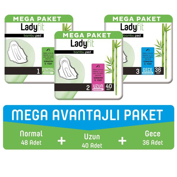 Ladyfit Bambu Ped Mega Avantajlı Paket (Normal 48 Adet + Uzun 40 Adet + Gece 36 Adet)