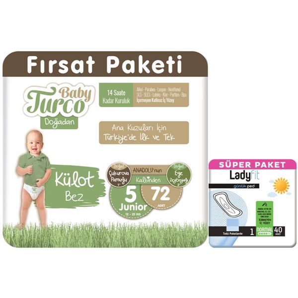 Baby Turco Doğadan Fırsat Paketi Külot Bez 5 Numara Junıor 72 Adet + Günlük Ped Normal 40 Adet 