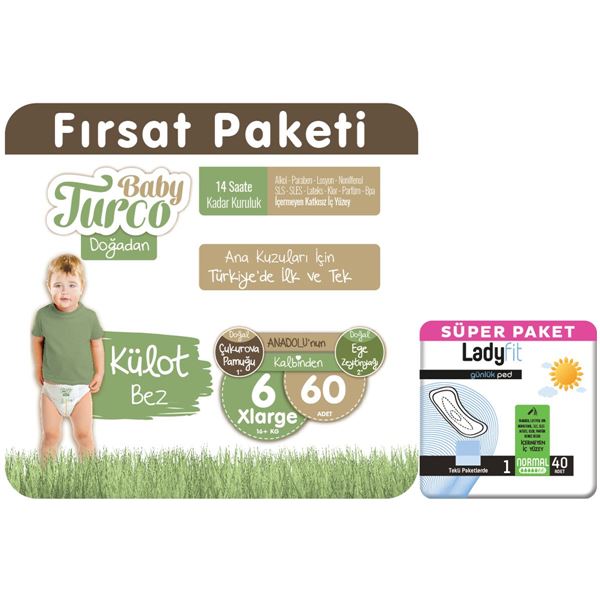 Baby Turco Doğadan Fırsat Paketi Külot Bez 6 Numara Xlarge 60 Adet + Günlük Ped Normal 40 Adet 