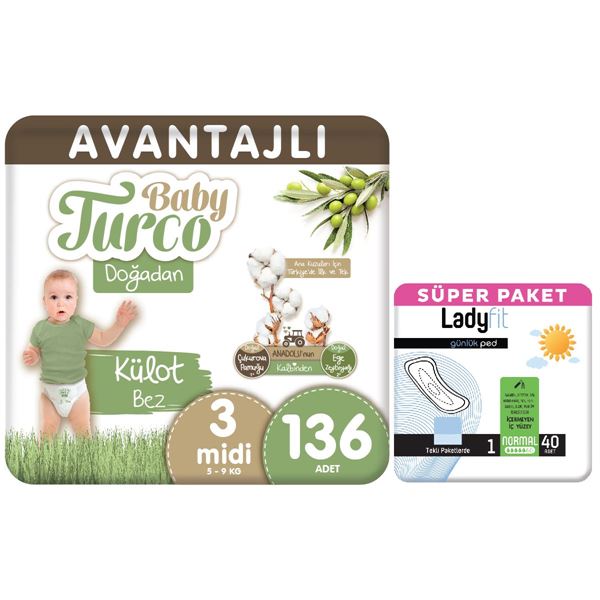Baby Turco Doğadan Avantajlı Paket Külot Bez 3 Numara Midi 136 Adet + Günlük Ped Normal 40 Adet