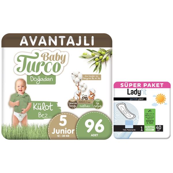 Baby Turco Doğadan Avantajlı Paket Külot Bez 5 Numara Junior 96 Adet + Günlük Ped Normal 40 Adet 
