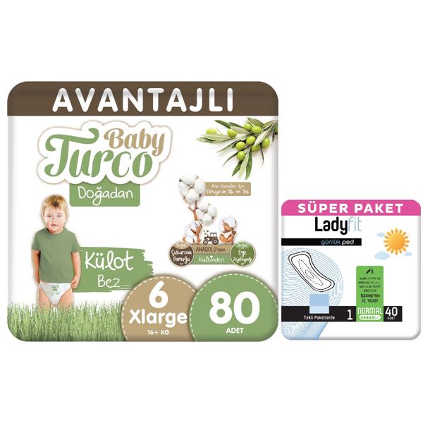 Baby Turco Doğadan Avantajlı Paket Külot Bez 6 Numara Xlarge 80 Adet + Günlük Ped Normal 40 Adet