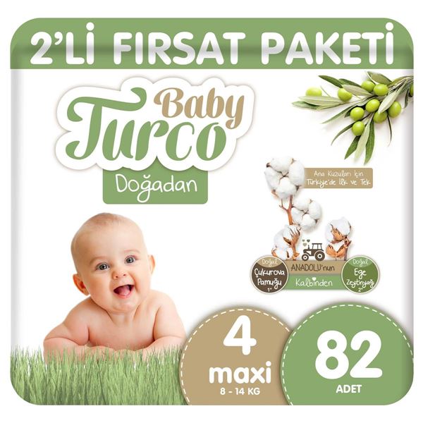 Baby Turco Doğadan 2'li Fırsat Paketi Bebek Bezi 4 Numara Maxi 82 Adet