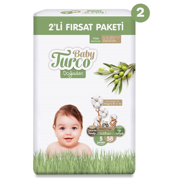 Baby Turco Doğadan 2'li Ekonomik Fırsat Paketi Bebek Bezi 5 Numara Junior 116 Adet