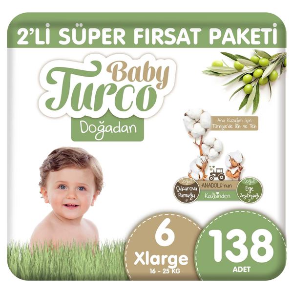 Baby Turco Doğadan 2'li Süper Fırsat Paketi Bebek Bezi 6 Numara Xlarge 138 Adet
