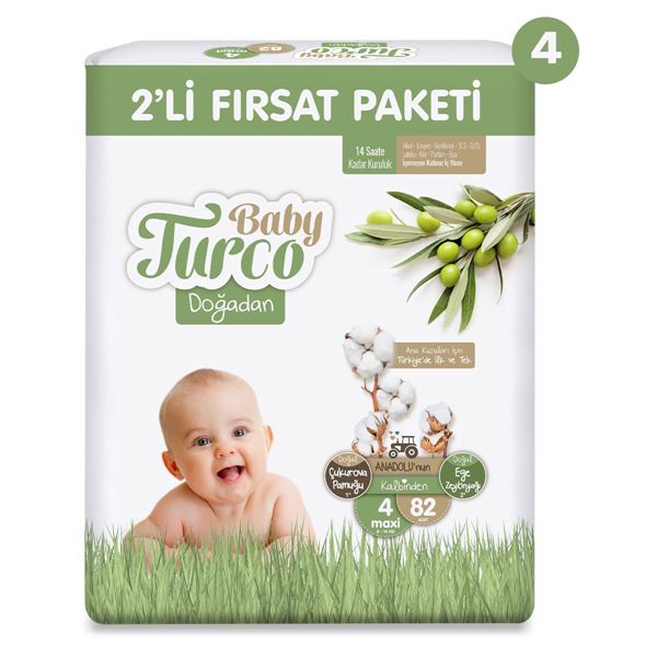 Baby Turco Doğadan 2'li Mega Fırsat Paketi Bebek Bezi 4 Numara Maxi 328 Adet