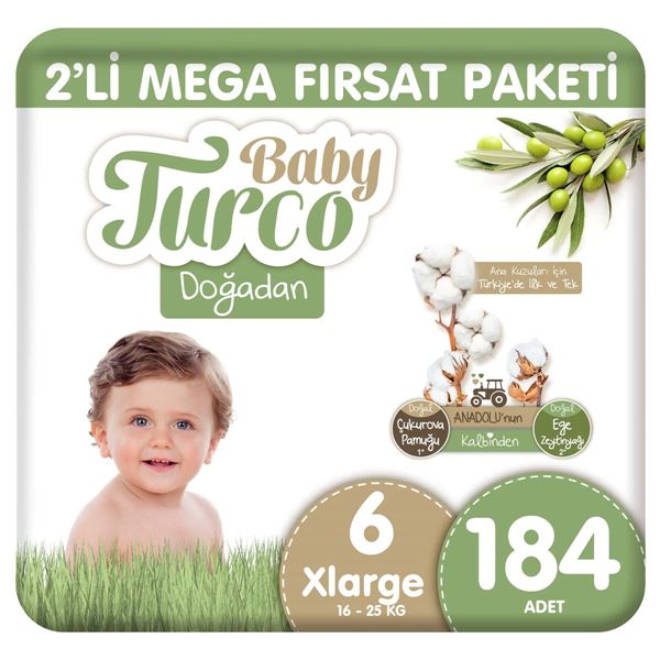Baby Turco Doğadan 2'li Mega Fırsat Paketi Bebek Bezi 6 Numara Xlarge 184 Adet
