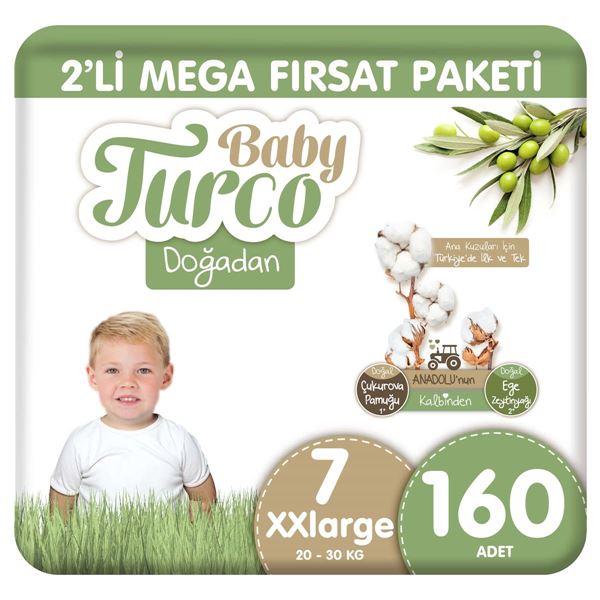 Baby Turco Doğadan 2'li Mega Fırsat Paketi Bebek Bezi 7 Numara Xxlarge 160 Adet