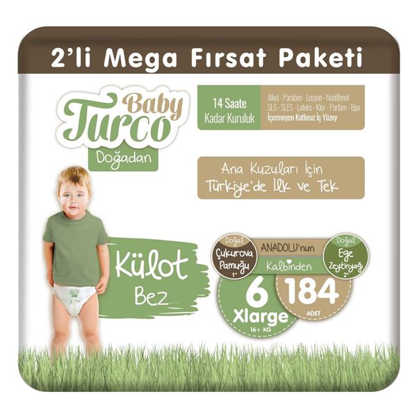 Baby Turco Doğadan 2'li Mega Fırsat Paketi Külot Bez 6 Numara Xlarge 184 Adet