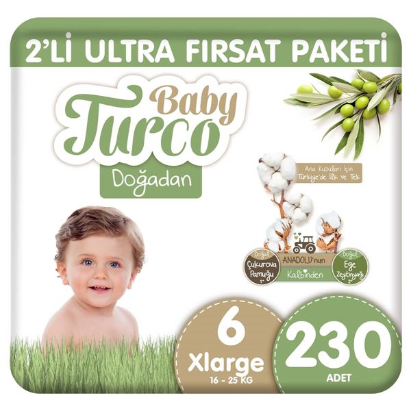 Baby Turco Doğadan 2'li Ultra Fırsat Paketi Bebek Bezi 6 Numara Xlarge 230 Adet