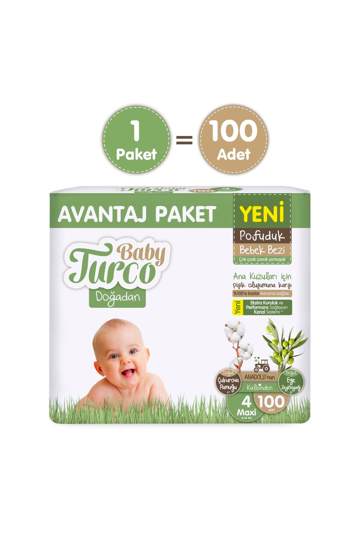 Baby Turco Doğadan Avantaj Paketi Pofuduk Bebek Bezi 4 Numara Maxi 100 Adet