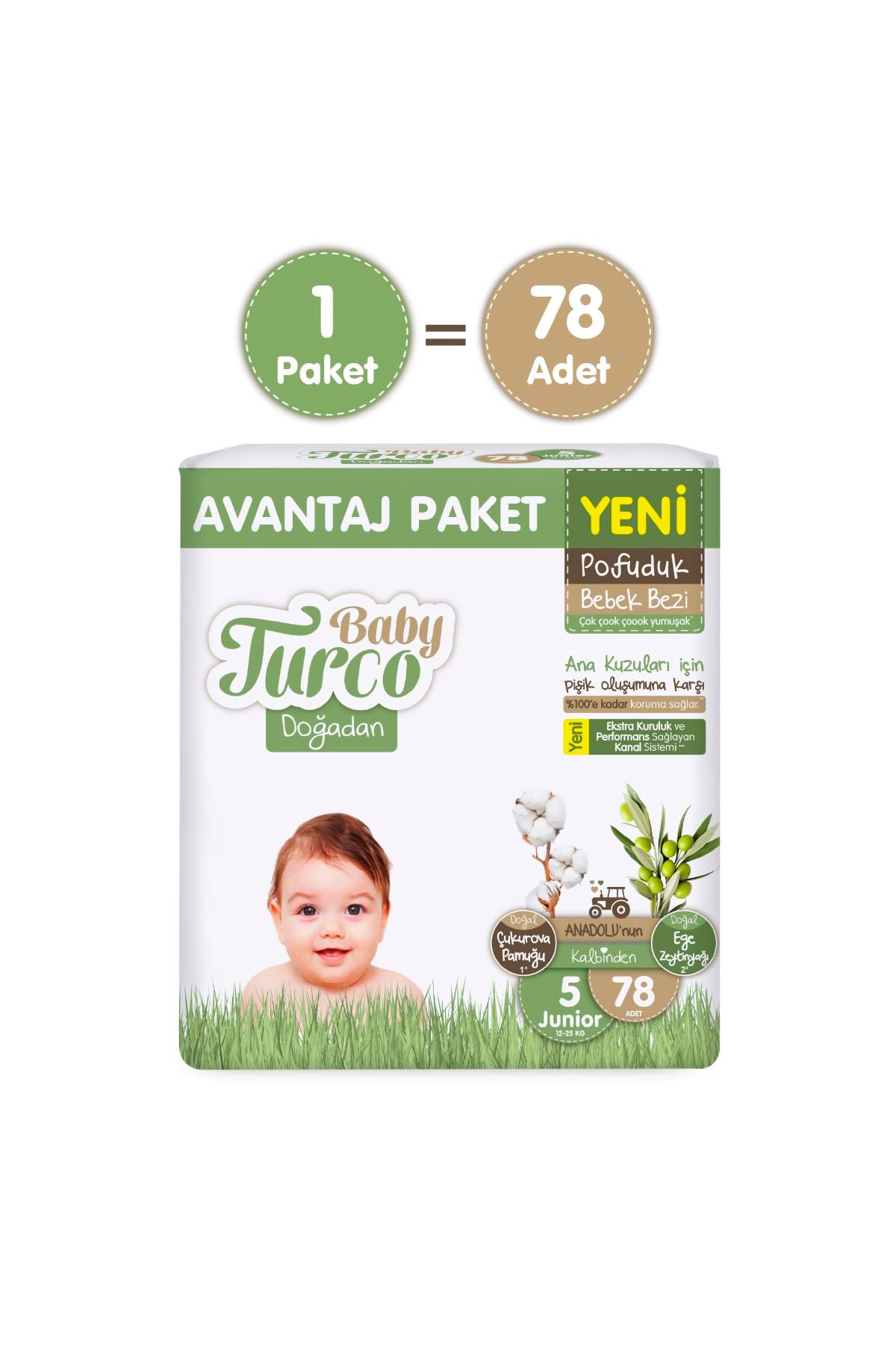 Baby Turco Doğadan Avantaj Paketi Pofuduk Bebek Bezi 5 Numara Junior 78 Adet