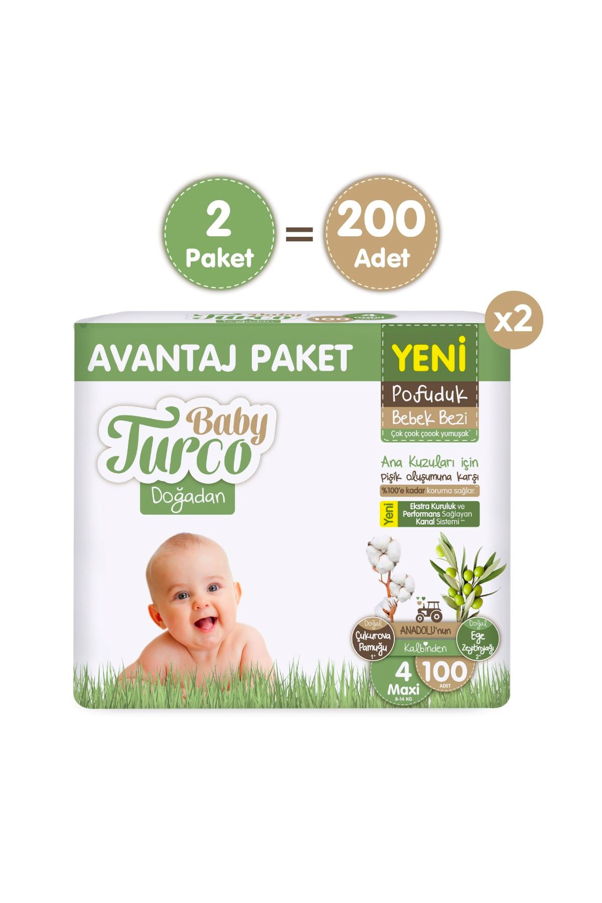 Baby Turco Doğadan Süper Avantaj Paketi Pofuduk Bebek Bezi 4 Numara Maxi 200 Adet