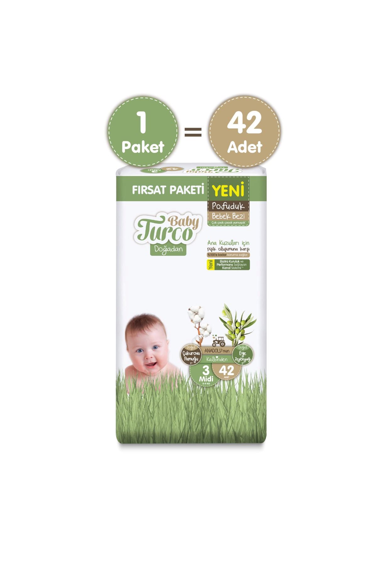 Baby Turco Doğadan Fırsat Paketi Pofuduk Bebek Bezi 3 Numara Midi 42 Adet