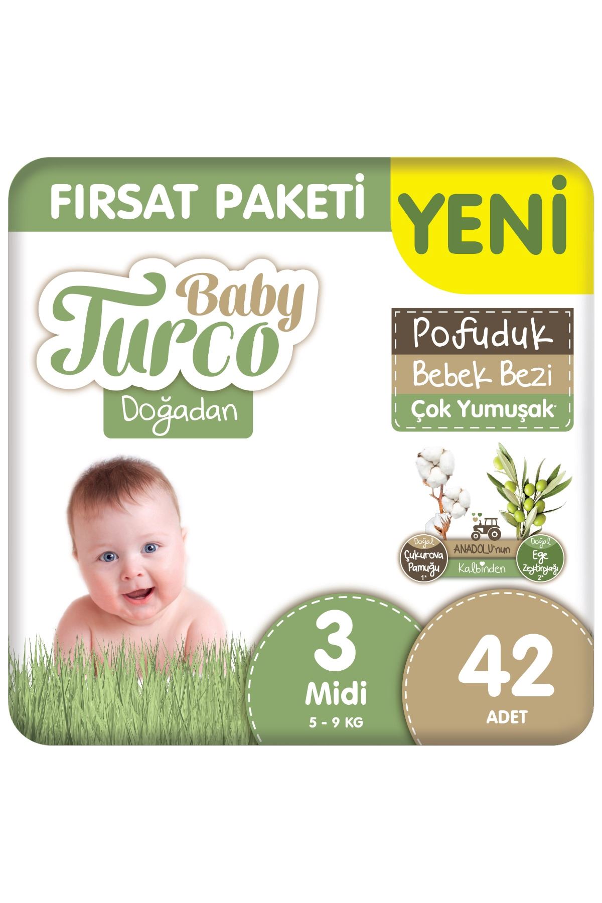 Baby Turco Doğadan Fırsat Paketi Pofuduk Bebek Bezi 3 Numara Midi 42 Adet