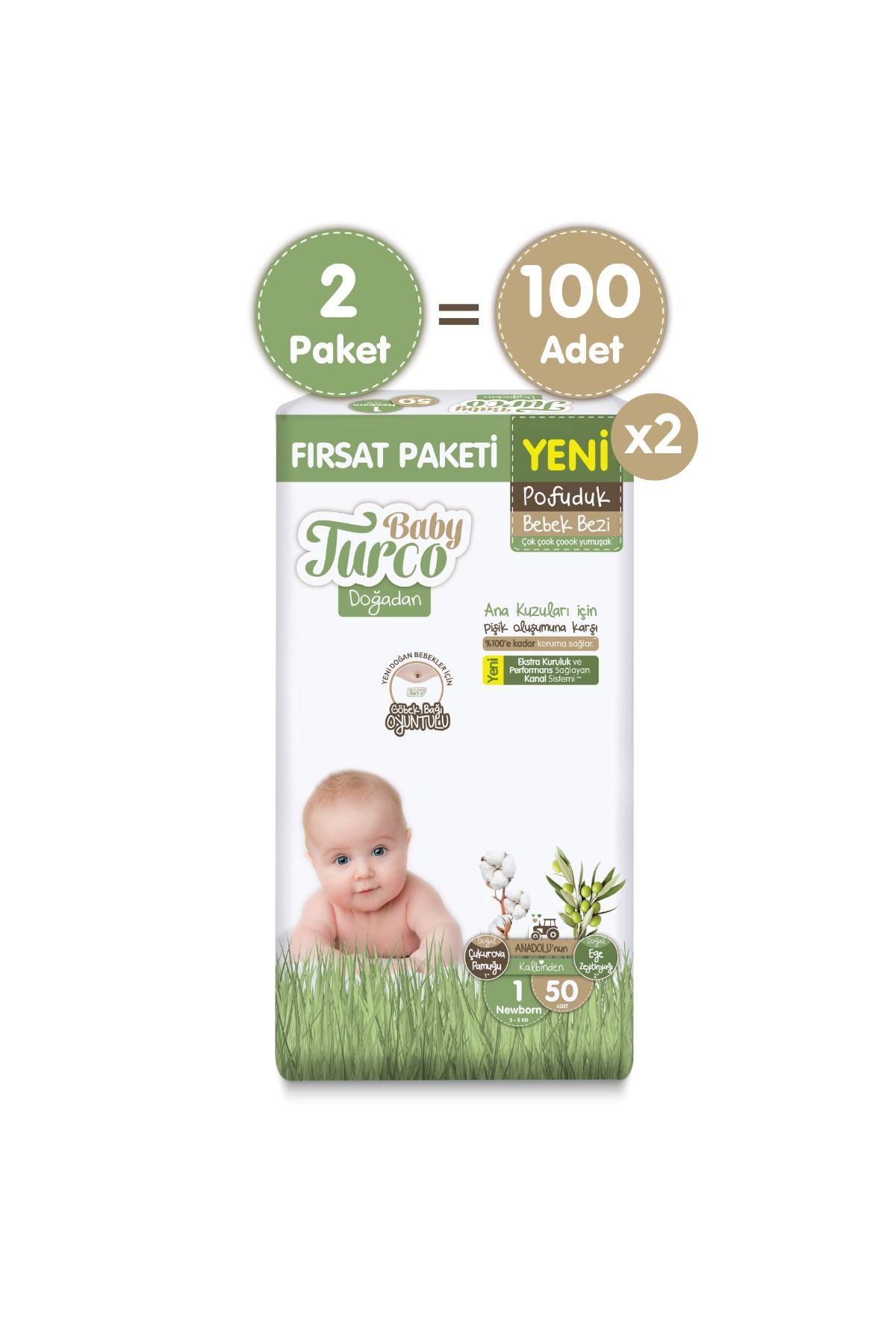 Baby Turco Doğadan Ekonomik Fırsat Paketi Pofuduk Bebek Bezi 1 Numara Newborn 100 Adet