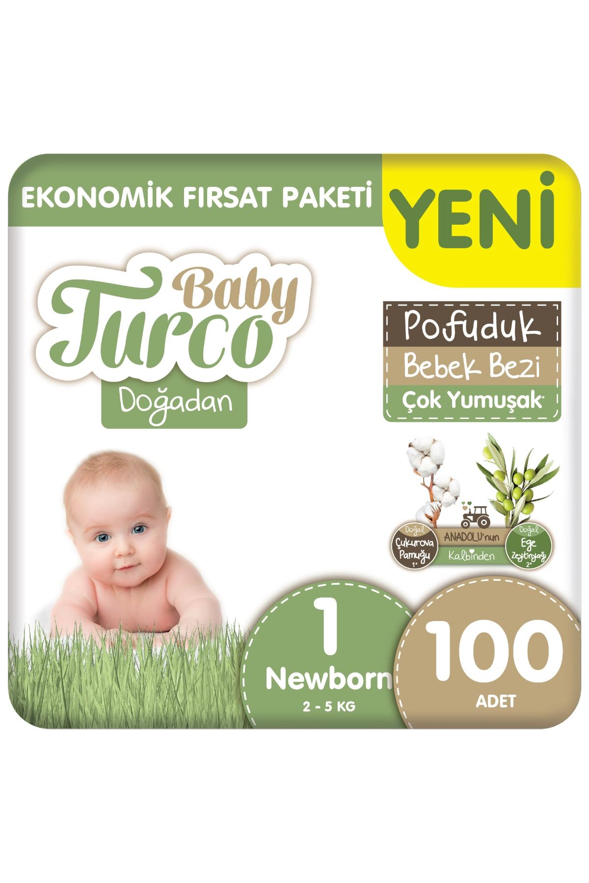 Baby Turco Doğadan Ekonomik Fırsat Paketi Pofuduk Bebek Bezi 1 Numara Newborn 100 Adet