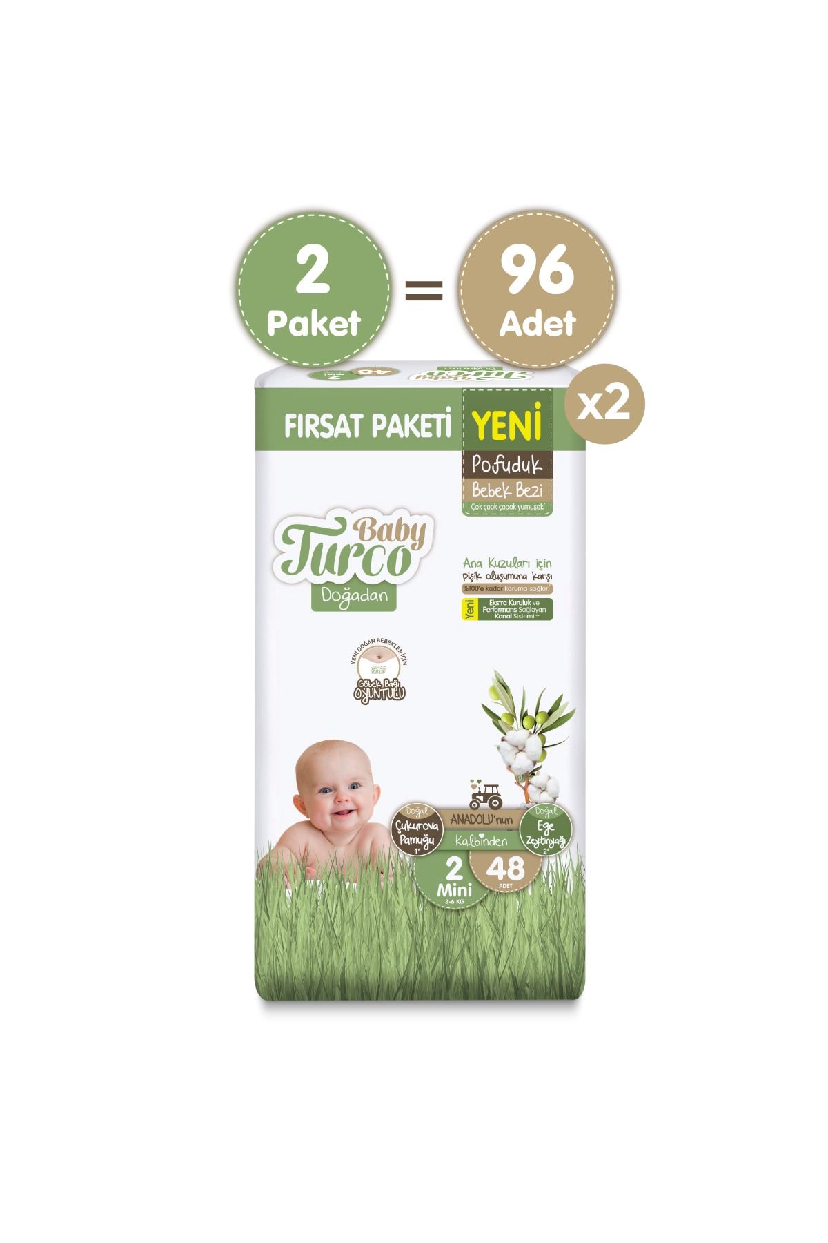 Baby Turco Doğadan Ekonomik Fırsat Paketi Pofuduk Bebek Bezi 2 Numara Mini 96 Adet