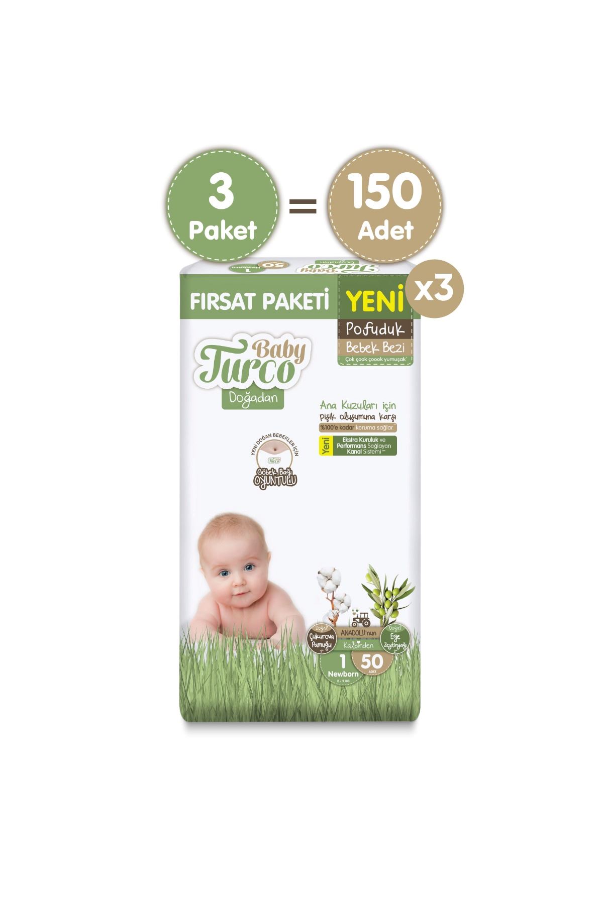 Baby Turco Doğadan Süper Fırsat Paketi Pofuduk Bebek Bezi 1 Numara Newborn 150 Adet