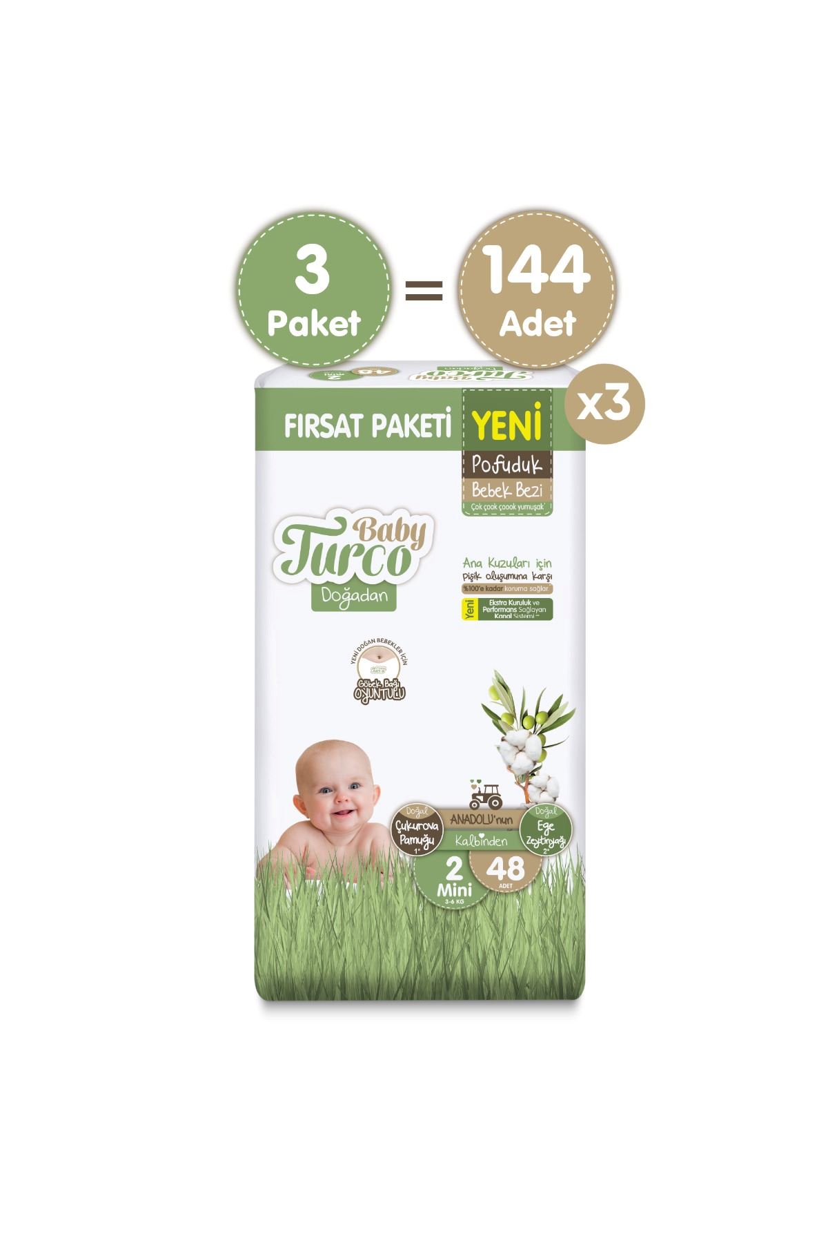 Baby Turco Doğadan Süper Fırsat Paketi Pofuduk Bebek Bezi 2 Numara Mini 144 Adet