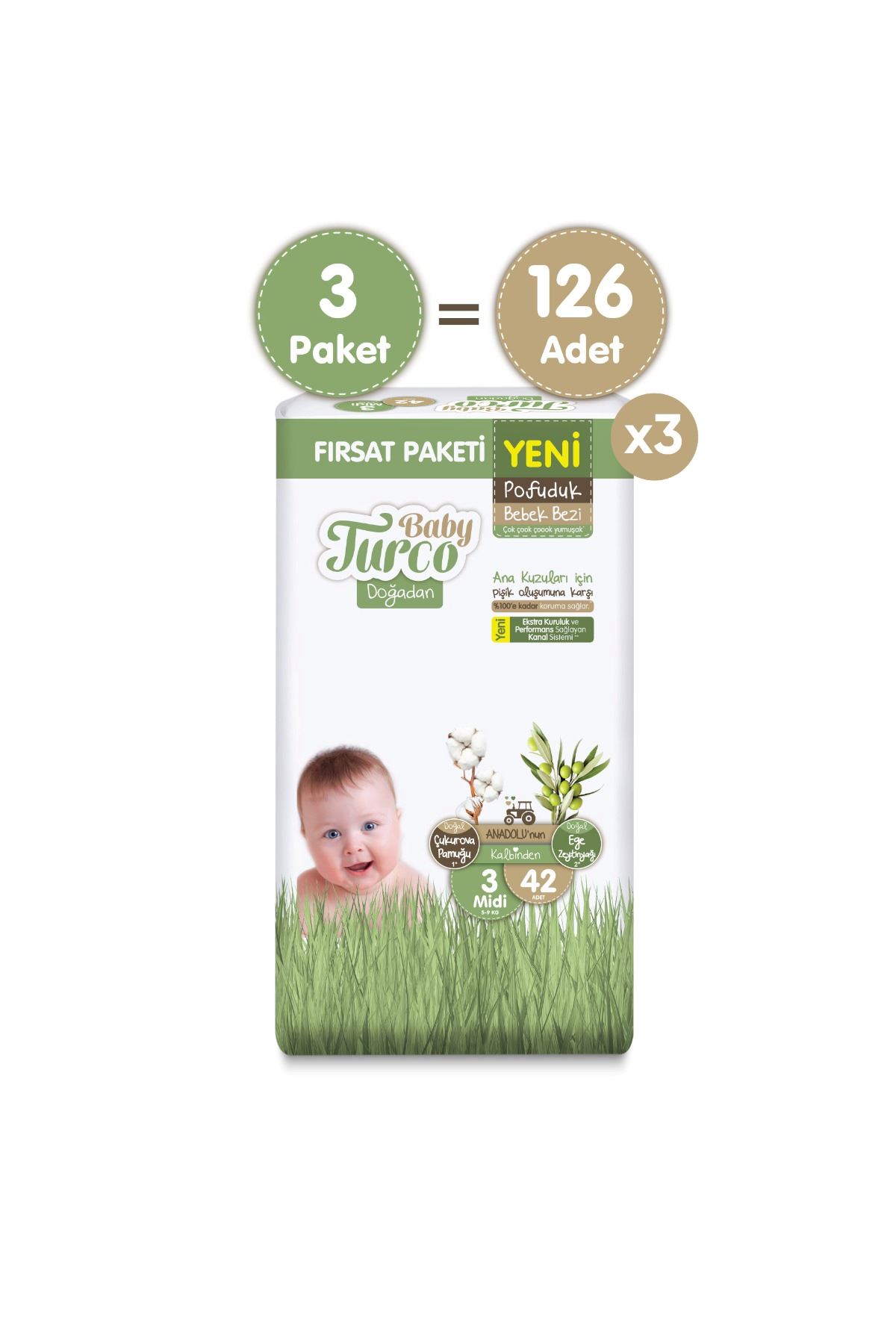 Baby Turco Doğadan Süper Fırsat Paketi Pofuduk Bebek Bezi 3 Numara Midi 126 Adet