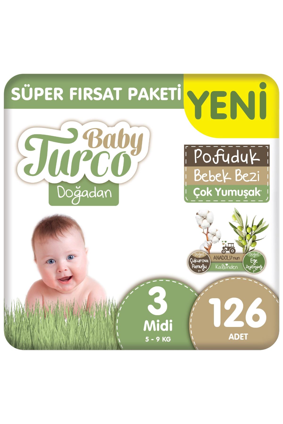 Baby Turco Doğadan Süper Fırsat Paketi Pofuduk Bebek Bezi 3 Numara Midi 126 Adet