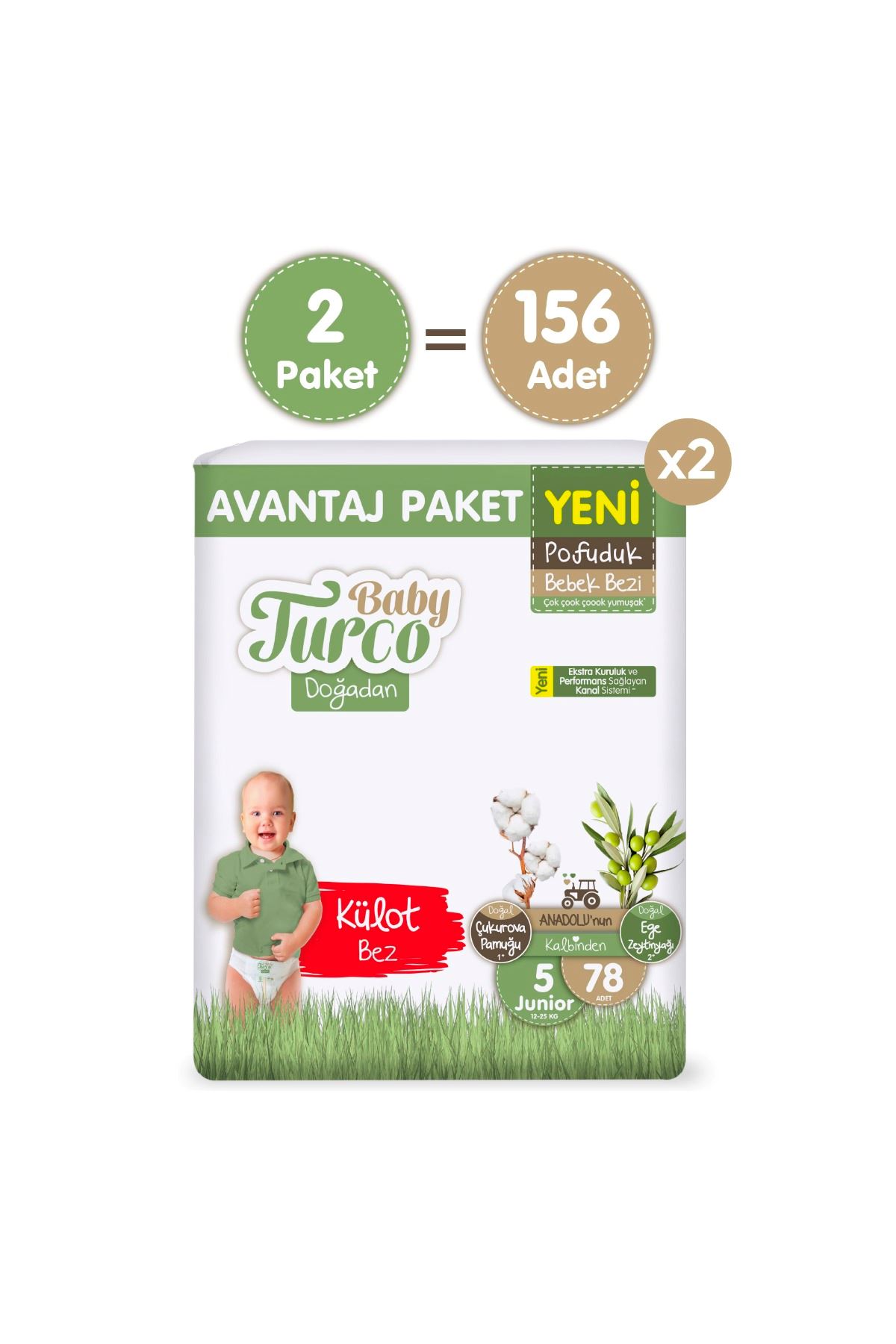 Baby Turco Doğadan Süper Avantaj Paketi Pofuduk Külot Bez 5 Numara Junior 156 Adet