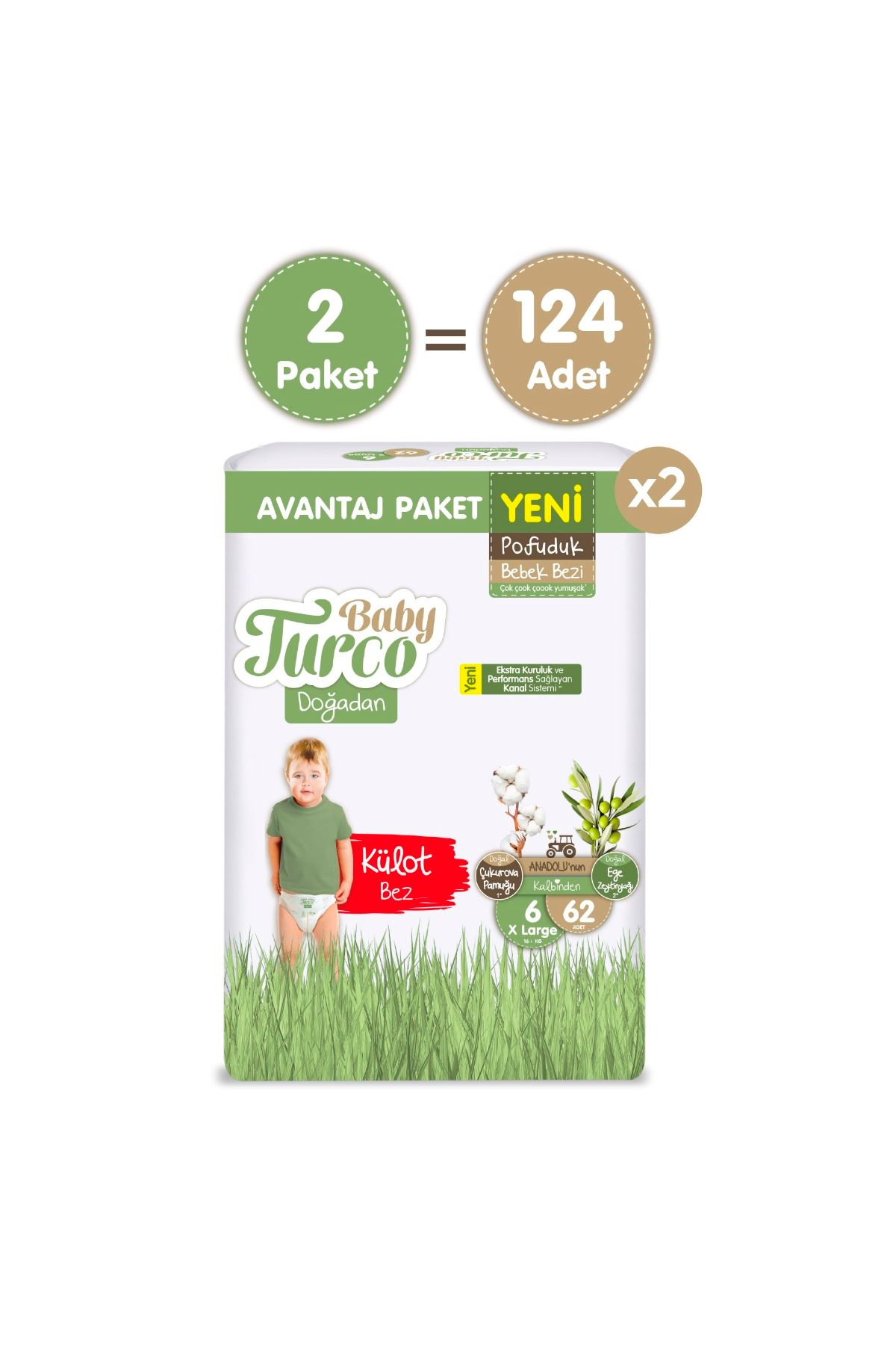 Baby Turco Doğadan Süper Avantaj Paketi Pofuduk Külot Bez 6 Numara Xlarge 124 Adet