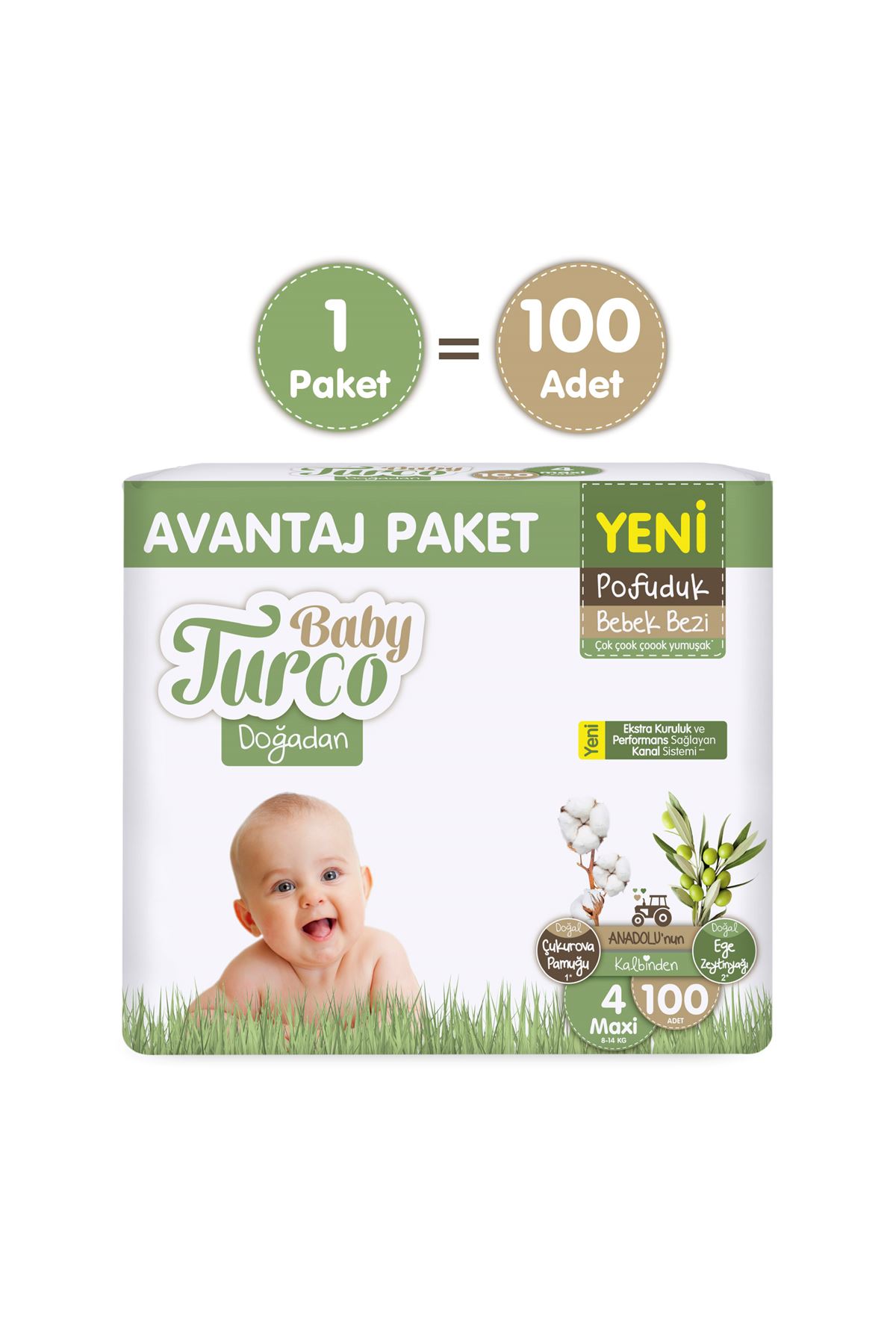 Baby Turco Doğadan Avantaj Paketi Pofuduk Bebek Bezi 4 Numara Maxi 100 Adet