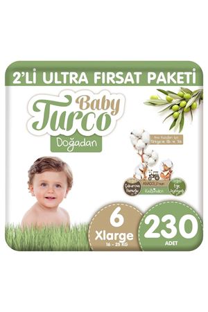 Baby Turco Doğadan 2'li Ultra Fırsat Paketi Bebek Bezi 6 Numara Xlarge 230 Adet