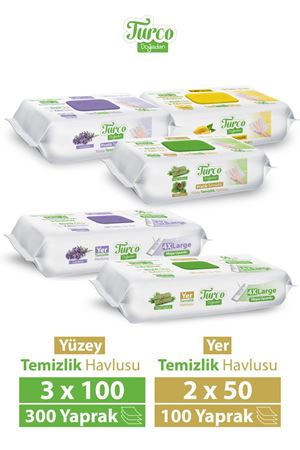 Turco Doğadan Pratik Yüzey Temizlik Havlusu 3x100 & Yer Temizlik Havlusu 2X50 Karma Paket