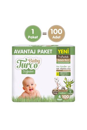 Baby Turco Doğadan Avantaj Paketi Pofuduk Bebek Bezi 4 Numara Maxi 100 Adet