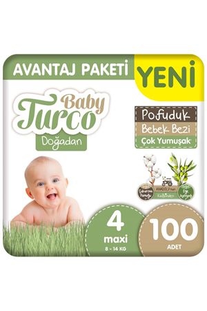 Baby Turco Doğadan Avantaj Paketi Pofuduk Bebek Bezi 4 Numara Maxi 100 Adet
