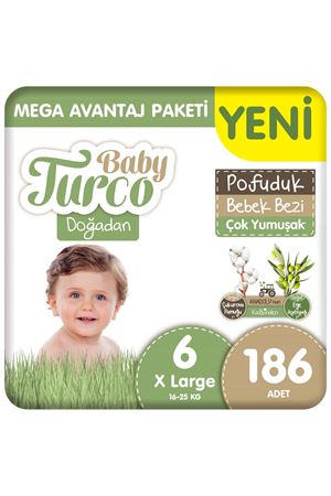 Baby Turco Doğadan Mega Avantaj Paketi Pofuduk Bebek Bezi 6 Numara Xlarge 186 Adet