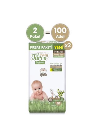 Baby Turco Doğadan Ekonomik Fırsat Paketi Pofuduk Bebek Bezi 1 Numara Newborn 100 Adet