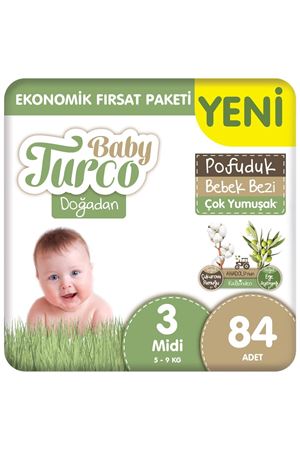 Baby Turco Doğadan Ekonomik Fırsat Paketi Pofuduk Bebek Bezi 3 Numara Midi 84 Adet